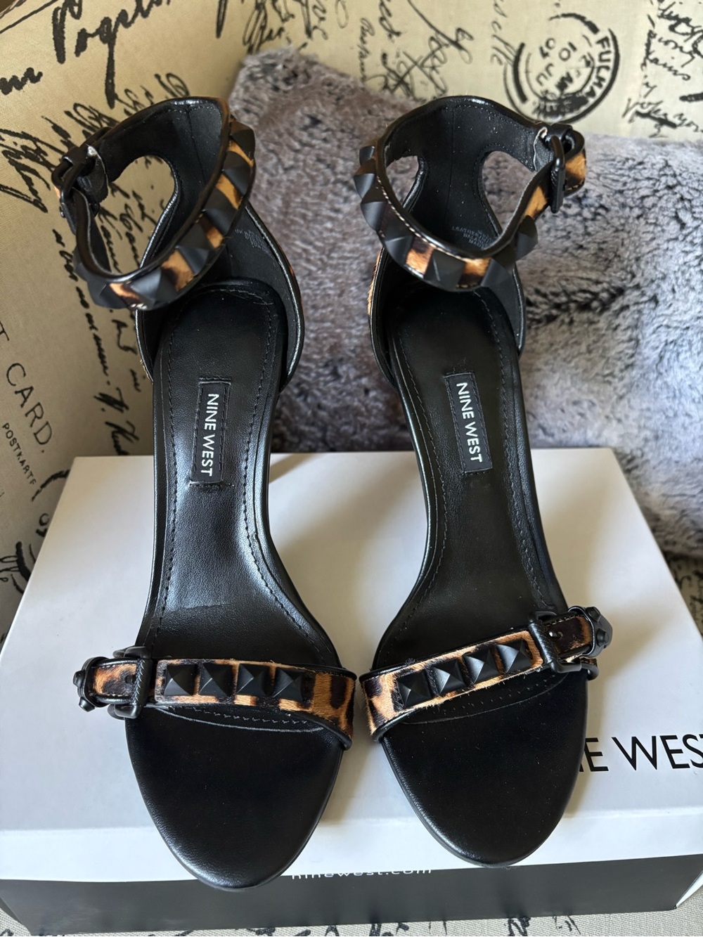 Nine West Black Heeled Sandals with Leopard Accents